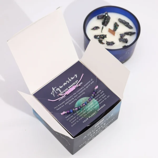 bG9jYWw6Ly9tZWRpYS85SC8yRC82MFIzMEMxRzZXVEsyRDlILzQ2ODI2NTA3LmpwZWc.webp Zodiac Crystal Candle with Gemstone Bracelet - Aquarious