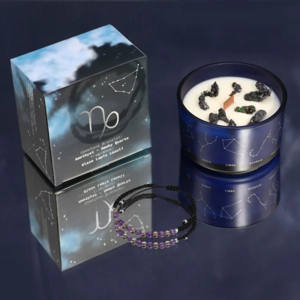 bG9jYWw6Ly9tZWRpYS85Sy8yRS82MFIzMEMxRzZXVEsyRTlLLzYwYWFlOTEwLmpwZWc.webp Zodiac Crystal Candle with Gemstone Bracelet - Capricorn