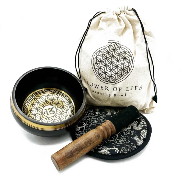 Hand Beaten and Engraved Singing Bowl Gift Set - 14cm - Flower of Life