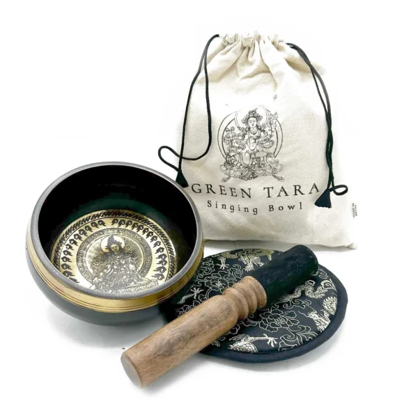 Hand Beaten and Engraved Singing Bowl Gift Set - 14cm - Green Tara