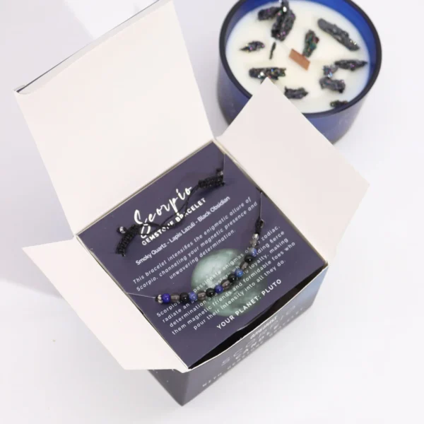 bG9jYWw6Ly9tZWRpYS8xUC8yRS82MFIzMEMxRzZXVEsyRTFQLzcyZTk4YTJkLmpwZWc.webp Zodiac Crystal Candle with Gemstone Bracelet - Scorpio