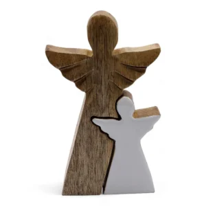 Mango Wood Angel Under Angel Wing - White Enamel