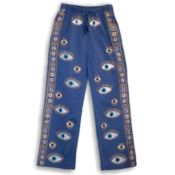 (LXL) Nomad Sari On the Med Collection - Lounge Pants - Rich Blue Gold Hand Painted Evil Eye Design