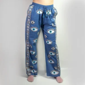 (LXL) Nomad Sari On the Med Collection - Lounge Pants - Rich Blue Gold Hand Painted Evil Eye Design