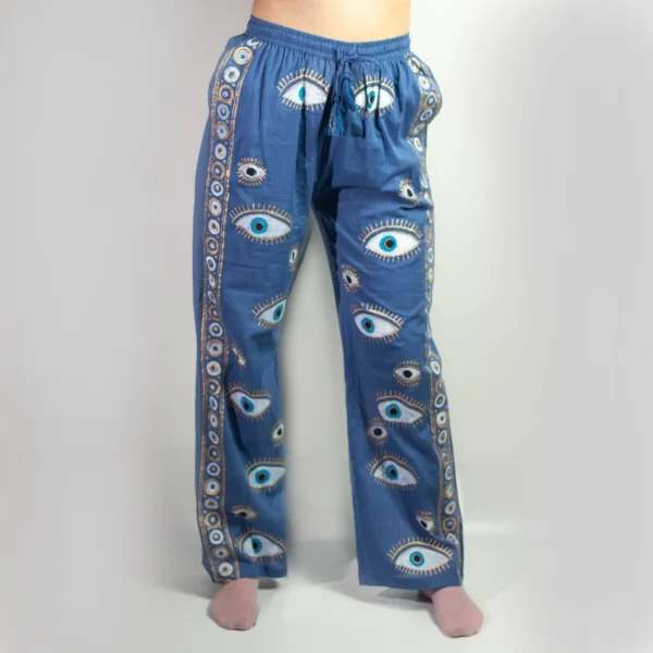 (LXL) Nomad Sari On the Med Collection - Lounge Pants - Rich Blue Gold Hand Painted Evil Eye Design