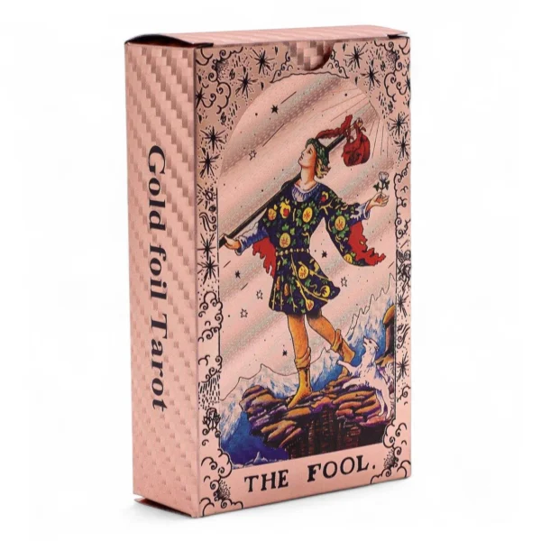 bG9jYWw6Ly9tZWRpYS9TTS84RC82MFIzMEMxSjY0Uks4RFNNLzg1YTk5MjVkLmpwZw.webp Rose Gold Foil Tarot Card Set - Moon Phase - with booklet