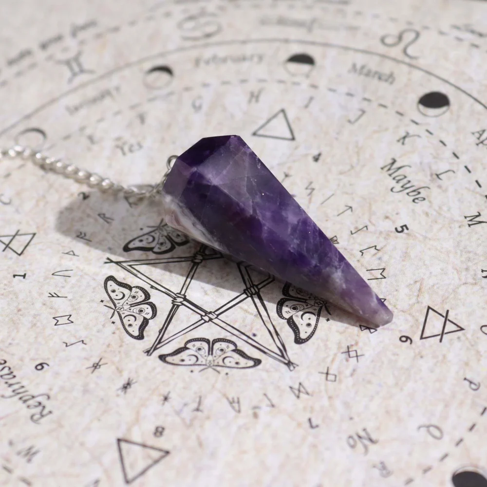 Amethyst Crystal Pendulum on a silver coloured chain