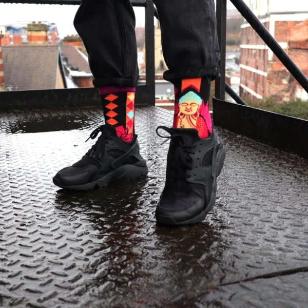 Man wearing funky socks from the FunkyStride collection