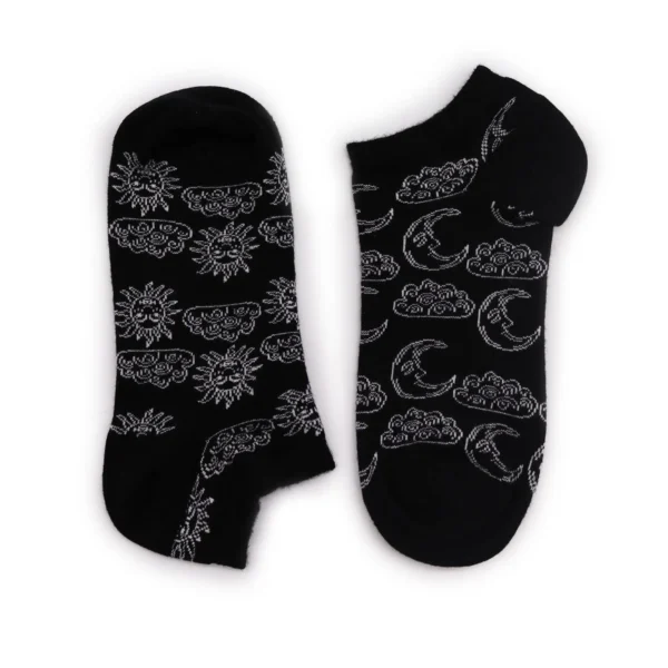 Black cotton celestial ankle socks with white embroidered sun and moon motifs.