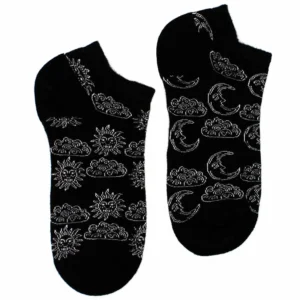 Pair of black ankle socks featuring a white celestial sun and moon pattern.