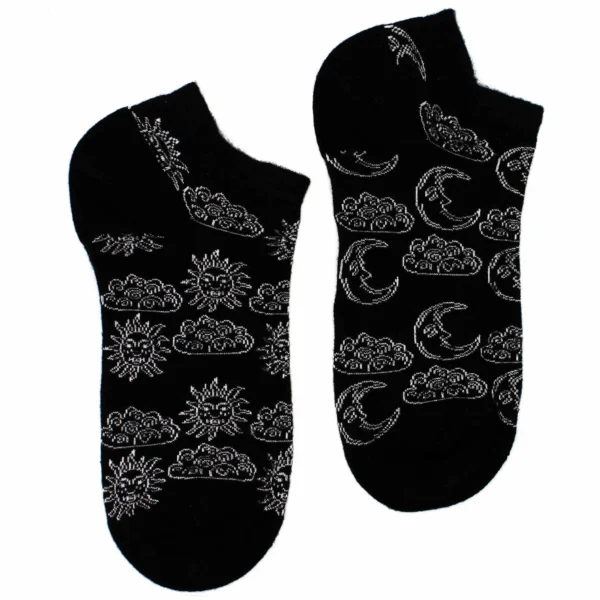 Pair of black ankle socks featuring a white celestial sun and moon pattern.