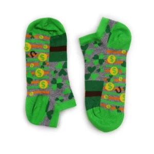Pair of green and grey cotton blend ankle socks featuring a lucky clover pattern.