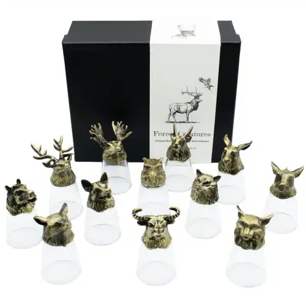 Gift Set of 12 Bottom Up Shot Glasses (25ml) - Forest and Mystical Creatures - Antique Bronze