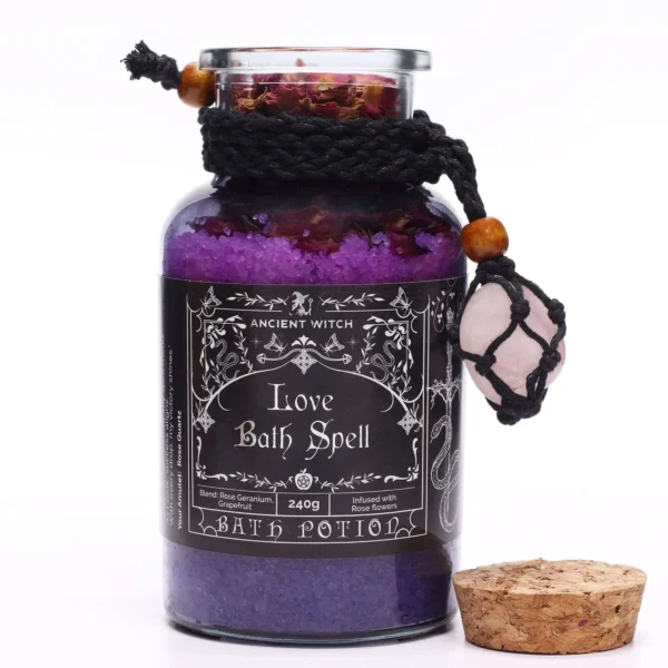 bG9jYWw6Ly9tZWRpYS85Si8wRS82MFIzMEMxSjY0U0swRTlKLzM1NTJkODU2LmpwZw.webp Ancient Witch Bath Spell Potion and Rose Quartz Crystal Amulet - Love