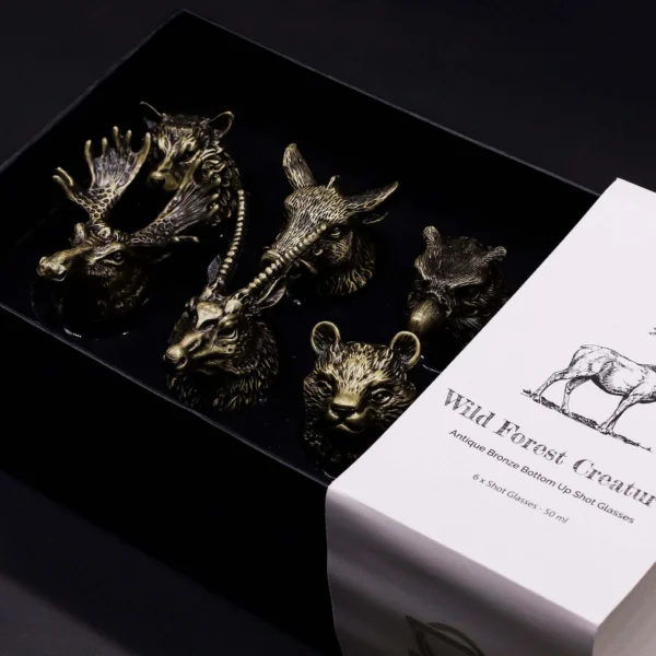 bG9jYWw6Ly9tZWRpYS85Ti9DRS82MFIzMEMxSjY0UktDRTlOLzgzYjI4MWFmLmpwZw.webp Gift Set of 6 Shot Glasses (50ml) - Wild Forest Creatures - Antique Bronze