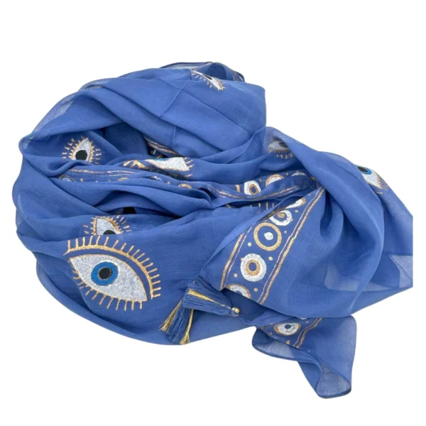 bG9jYWw6Ly9tZWRpYS85US9DRC82MFIzMEMxSDc0UzNDRDlRLzU1NGQxNGViLmpwZWc.webp Nomad Sari On the Med Collection - Pareo - Rich Blue and Gold Hand Painted Evil Eye Design