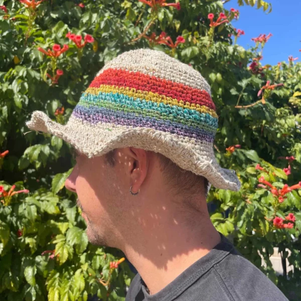 Hand-Knited Hemp And Cotton Boho Festival Hat - Rainbow