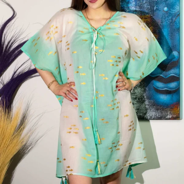 Nomad Sari On the Med Collection - Kaftan - White, Turquoise and Gold Fish Design