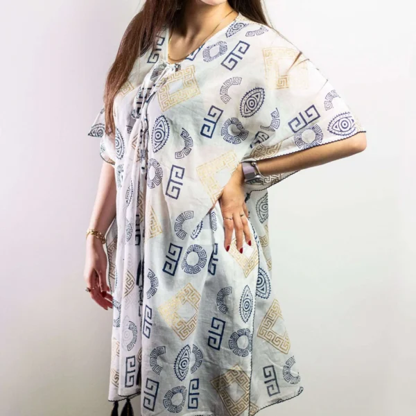 Nomad Sari On the Med Collection - Kaftan - Gold and Blue Greek Motiff - Handpainted