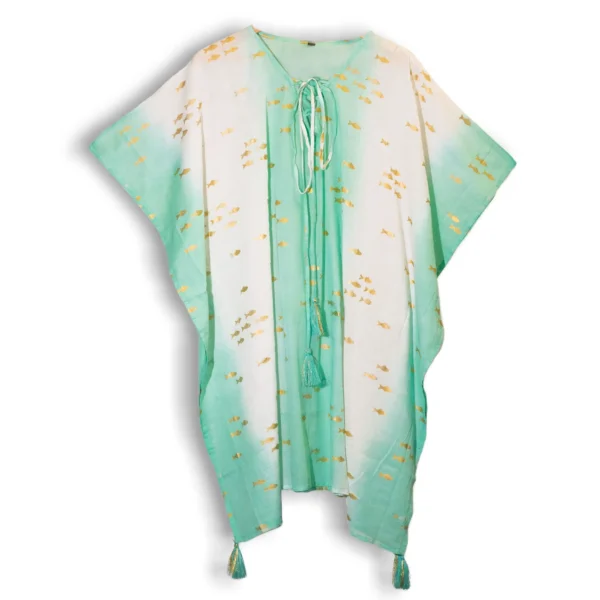 Nomad Sari On the Med Collection - Kaftan - White, Turquoise and Gold Fish Design
