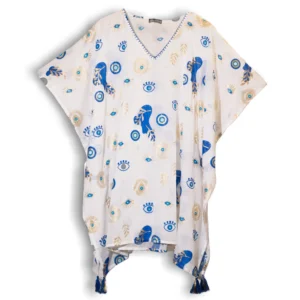 Nomad Sari Kaftan in white with blue and gold motif