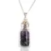Amethyst Crystal Vial Necklace Silver Tone - Filigree Design Silver filigree necklace with clear glass vial pendant filled with purple amethyst crystal chips.