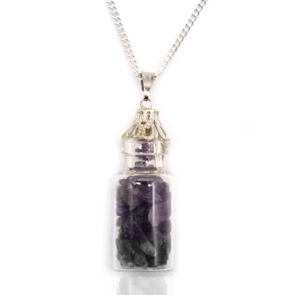 Amethyst Crystal Vial Necklace Silver Tone - Filigree Design Silver filigree necklace with clear glass vial pendant filled with purple amethyst crystal chips.