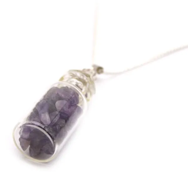 Amethyst Glass Bottle Pendant Necklace - Silver Chain Charm Silver necklace with a tiny glass bottle pendant filled with shimmering purple amethyst crystals.