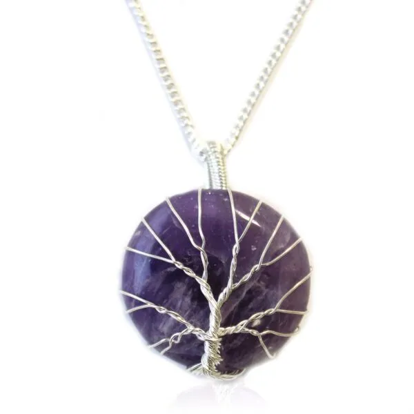 Stocking Filler Handcrafted silver Tree of Life pendant with polished purple amethyst gemstone on delicate silver chain.