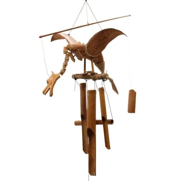 Handcrafted bamboo dragon wind chime with carved details and hanging tubular chimes.