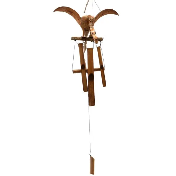 A handcrafted bamboo bird-shaped wind chime with hanging bamboo tubes for gentle natural sound.