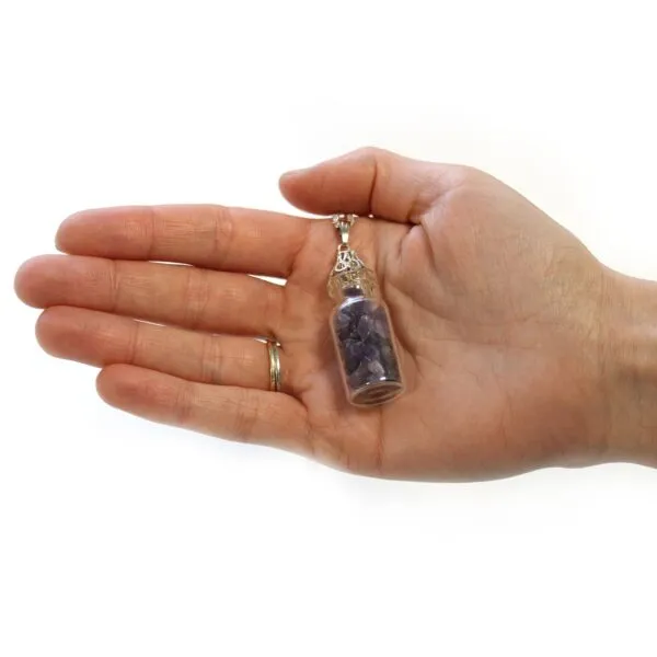 Amethyst Crystal Glass Vial Necklace - Silver Ornate Cap Bottled Gemstones Necklace - Amethyst