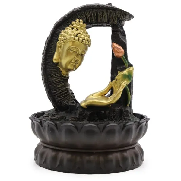 bG9jYWw6Ly9tZWRpYS9IRy8wRC82MFIzMEMxRzZSVkswREhHL2YzYTE2YjE3LmpwZWc.webp Tabletop Water Feature - 30cm - Golden Buddha and Lotus