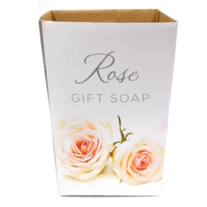 White open-top box with pink rose-shaped soap flowers, labelled “Rose Gift Soap” elegant packaging.