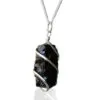 Handmade black obsidian pendant wrapped in silver wire on a sleek silver chain.