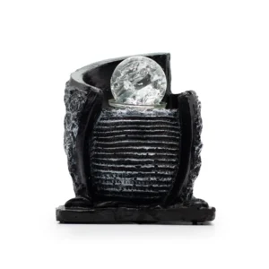 Modern black ribbed resin sculpture with clear crystal sphere symbolising balance and contemporary style.