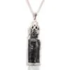 Silver glass vial necklace with glossy black stones and ornate cap, gothic jewellery charm.