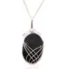 Handcrafted silver wire-wrapped necklace with polished oval black gemstone on a fine silver chain.