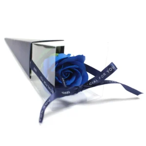 Blue Soap Rose Gift Box - Transparent Case With Ribbon Elegant blue soap rose in a clear triangular gift box with navy ribbon reading “Special For You”.