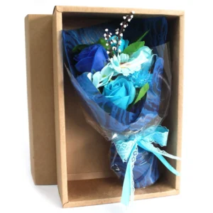 Elegant blue soap flower bouquet in lace ribbon, presented in a minimalist brown cardboard gift box.