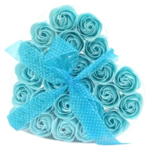 Blue Soap Rose Heart Gift Box - Sheer Polka Dot Ribbon Heart-shaped gift box with blue soap roses and a sheer polka dot ribbon bow.