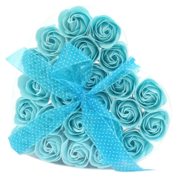Heart-shaped gift box with blue soap roses and a sheer polka dot ribbon bow.