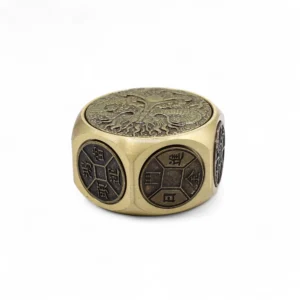 Bronze Tree of Life dice token with engraved Chinese coin symbols and antique brass finish.