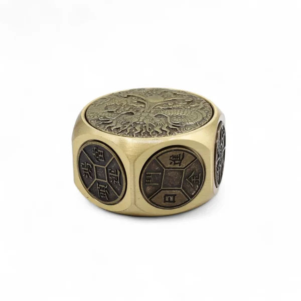 Bronze Tree of Life dice token with engraved Chinese coin symbols and antique brass finish.