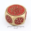 Chinese Hexagonal Brass Talisman Red Enamel - Prosperity Symbols Gold and red hexagonal Chinese talisman with engraved prosperity symbols and intricate enamel detailing.