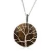 Silver Tree of Life pendant with polished brown tiger’s eye gemstone on a delicate silver chain.