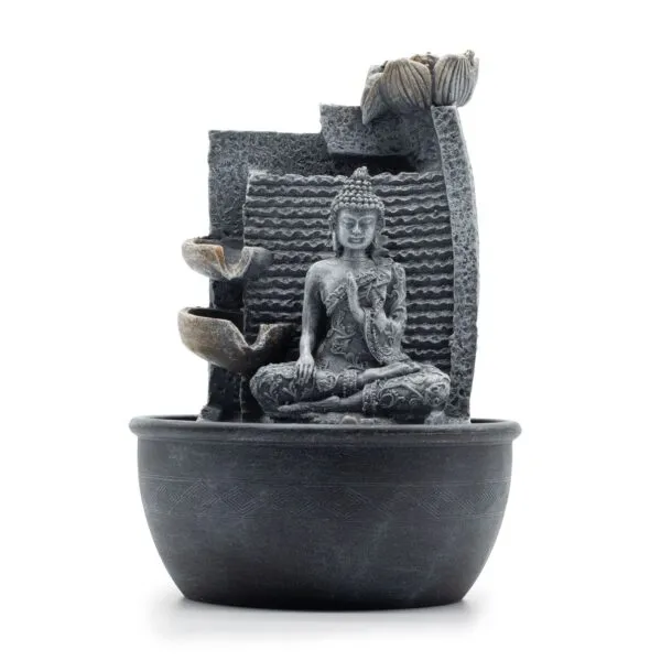 Stone-effect grey Buddha meditation fountain with lotus flower and cascading water bowls for tranquillity.