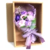 Elegant purple and white artificial soap flower bouquet in a brown Kraft gift box.