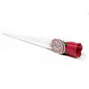 Red soap rose flower in clear cone wrapping, realistic design perfect for elegant gift giving.