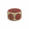 Chinese Coin Cylinder Charm - Gold Bronze Metal With Red Detailing Gold bronze Chinese coin cylinder charm with red embossed characters and symbolic decorative engravings.